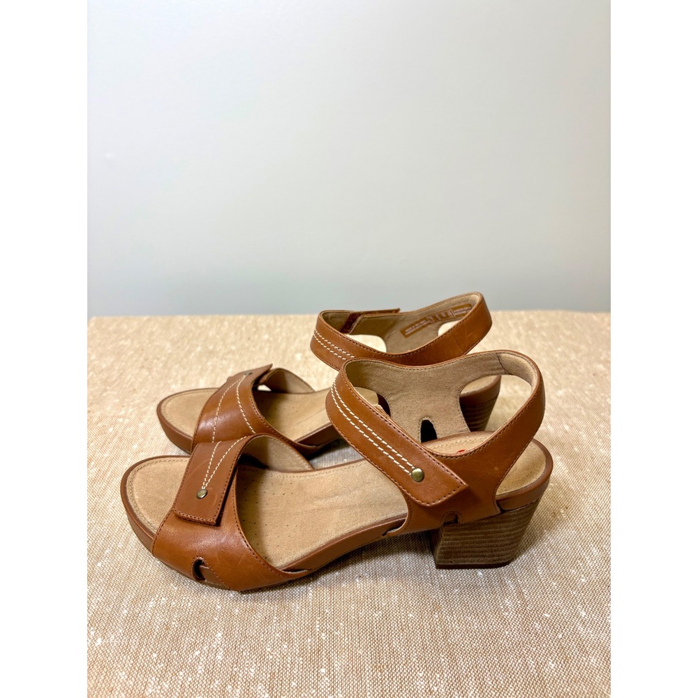 Clarks Unstructured Cognac Leather Block Heel Boho Sandals Sz 7.5